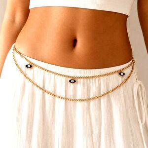 Gold Tone Evil Eye Double Chain Belt Boho Waist Jewelry